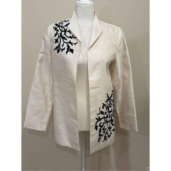Victor Costa Occasion Women's Beaded Embroidered Silk Coat Cream Black - Picture 2 of 6
